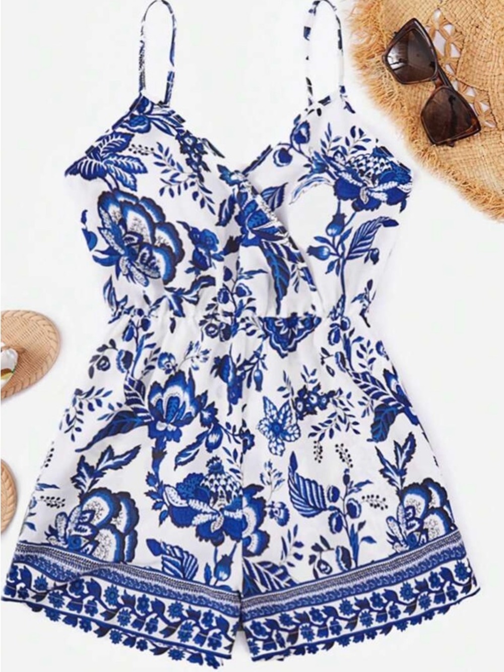 Girls White & Blue Floral Romper - Kids One Piece